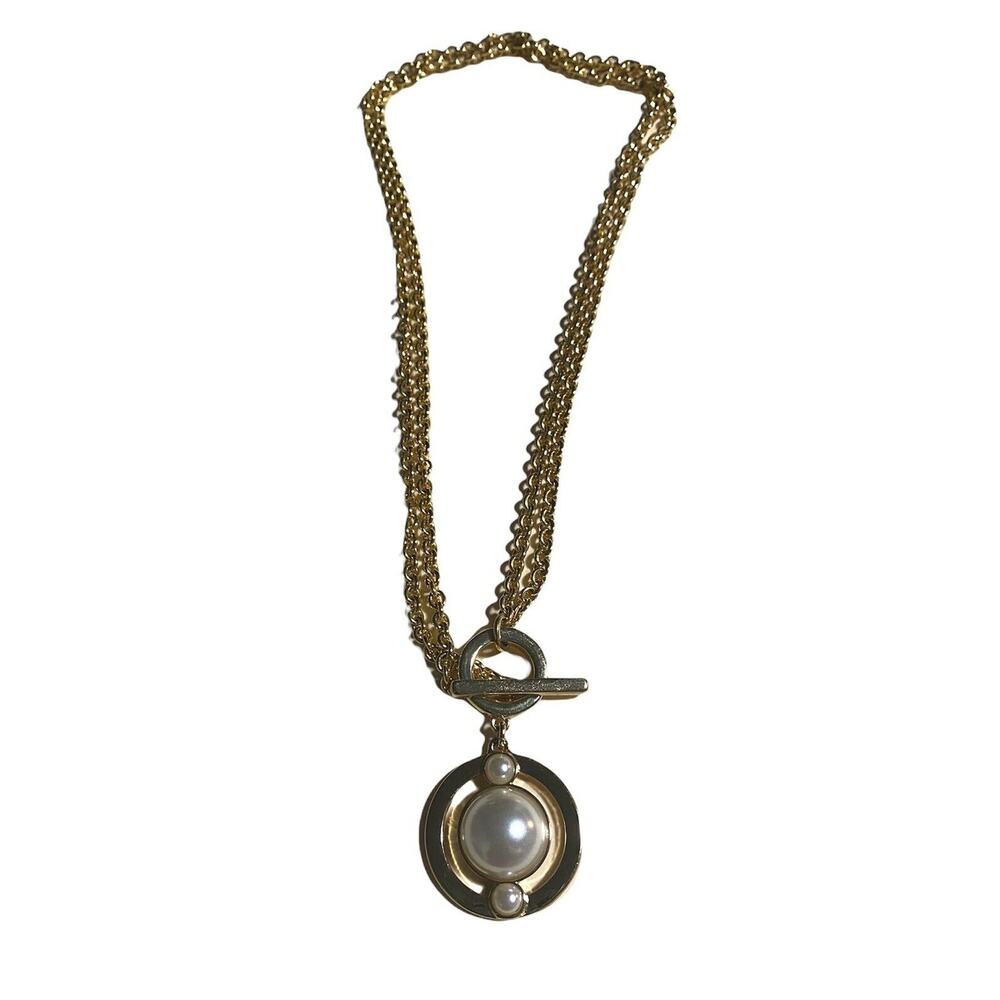 Talbots Faux Pearl Necklace Gold Tone Link Toggle Clasp Collar 17” Two Chains